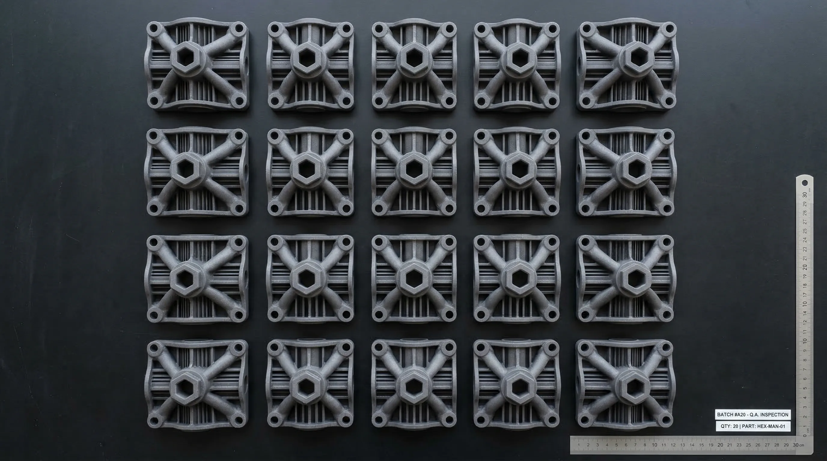 Fabricação em volume — lote de peças industriais impressas em 3D